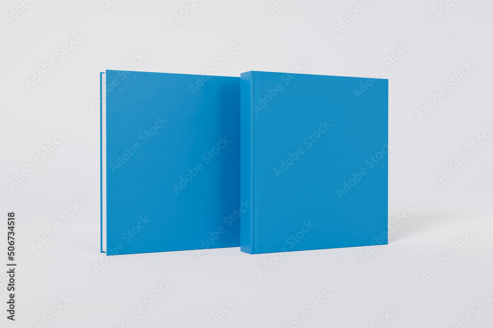 Mockup of a square book with a blank glossy blue cover on white background. Front and back cover visible. Isolated with clipping path. Mockup of a square book with a blank glossy blue cover on white background. Front and back cover visible. Isolated with clipping path.
