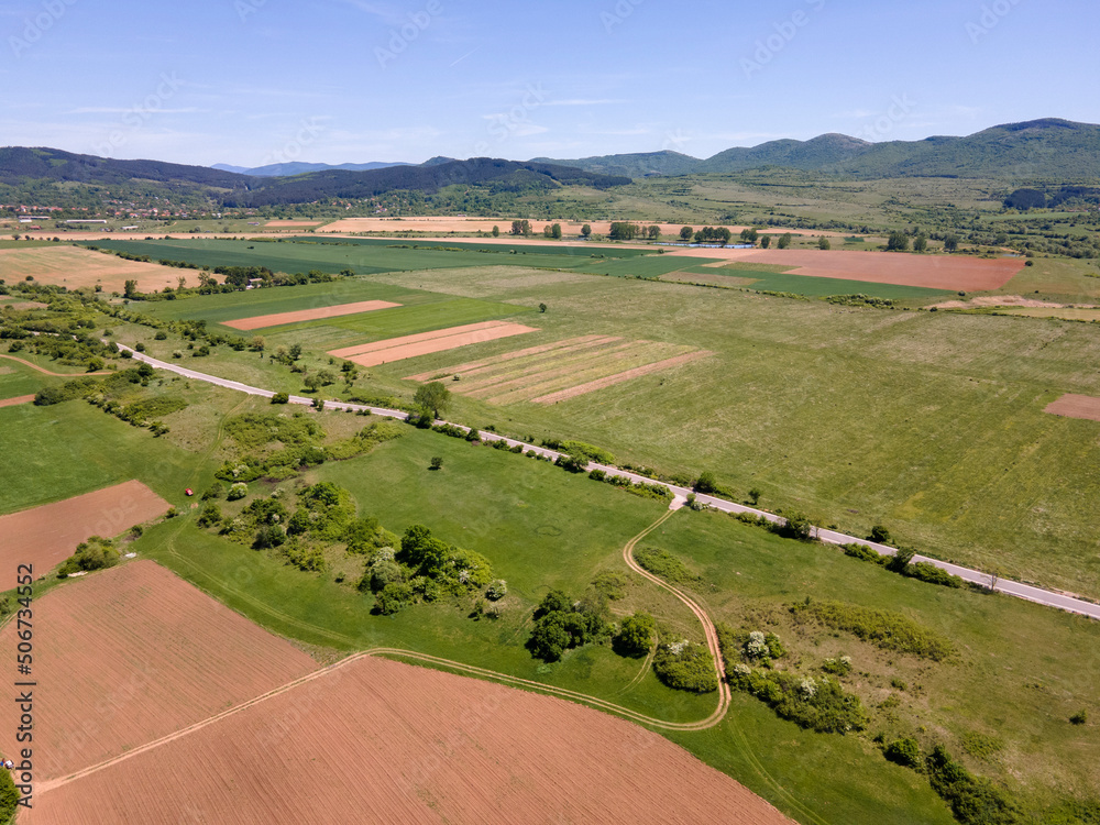 Spring Aerial view of rural land near town of Godech, Bulgaria