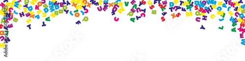 Falling letters of English language. Colorful flying words of Latin alphabet. Foreign languages study concept. Impressive back to school banner on white background.