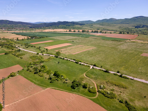 Spring Aerial view of rural land near town of Godech, Bulgaria © Stoyan Haytov