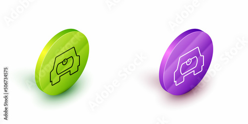 Isometric line Gas tank for vehicle icon isolated on white background. Gas tanks are installed in a car. Green and purple circle buttons. Vector