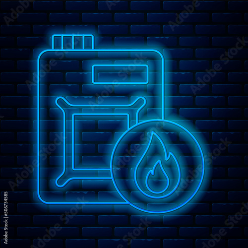 Glowing neon line Canister for motor machine oil icon isolated on brick wall background. Oil gallon. Oil change service and repair. Engine oil sign. Vector