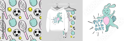 Seamless pattern and illustration set with cute happy bunny and text Play All Day. Baby design pajamas, background for apparel, room decor, tee prints, baby shower, fabric design, wrapping