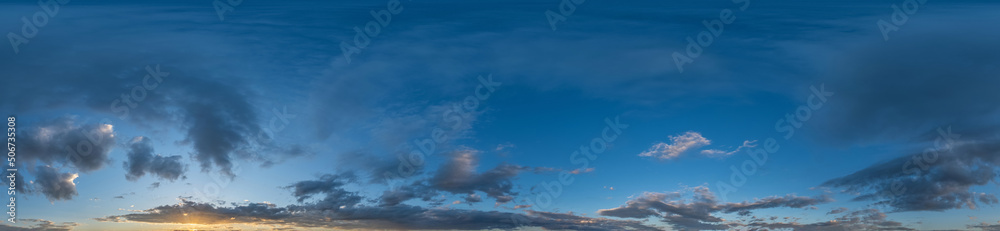 Dark blue sunset sky with clouds Seamless panorama in spherical equirectangular format with complete zenith for use in 3D, game and for composites in aerial drone 360 degree panoramas as a sky dome. Dark blue sunset sky with clouds Seamless panorama in spherical equirectangular format with complete zenith for use in 3D, game and for composites in aerial drone 360 degree panoramas as a sky dome.