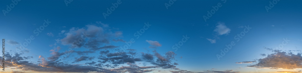 Dark blue sunset sky with clouds Seamless panorama in spherical equirectangular format with complete zenith for use in 3D, game and for composites in aerial drone 360 degree panoramas as a sky dome.
