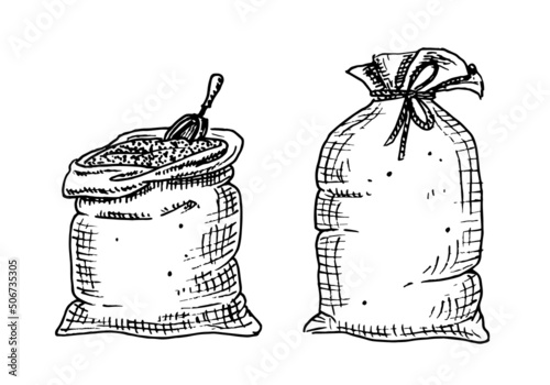 Sack of Flour or Sugar. Wheat of grain. Hand drawn sketch of Barley. Bag with Rice. Engrave illustration
