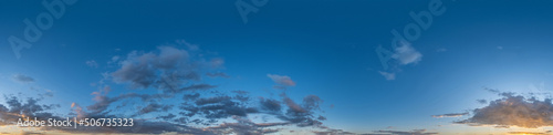 Dark blue sunset sky with clouds Seamless panorama in spherical equirectangular format with complete zenith for use in 3D, game and for composites in aerial drone 360 degree panoramas as a sky dome.