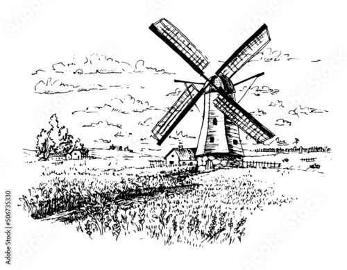 Sketch with old Wild Mill. Hand drawn illustration of Windmill. Holland landscape with village and Field for flour label