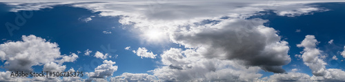 Sky panorama on sunset with Cumulus clouds in Seamless spherical equirectangular format as full zenith for use in 3D graphics, game and in aerial drone 360 degree panoramas for sky replacement. 