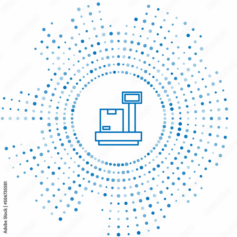 Blue line Scale with cardboard box icon isolated on white background. Logistic and delivery. Weight of delivery package on a scale. Abstract circle random dots. Vector Blue line Scale with cardboard box icon isolated on white background. Logistic and delivery. Weight of delivery package on a scale. Abstract circle random dots. Vector