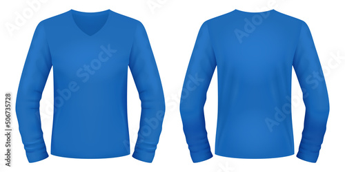 Blank blue V-neck long sleeve shirt template. Front and back views. Vector illustration.