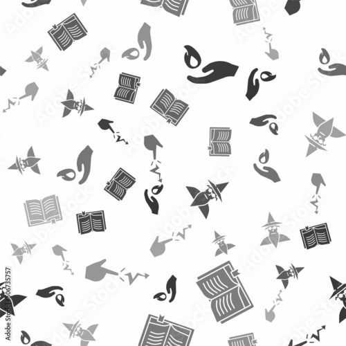 Set Hand holding a fire, Ancient magic book, Wizard warlock and Spell on seamless pattern. Vector