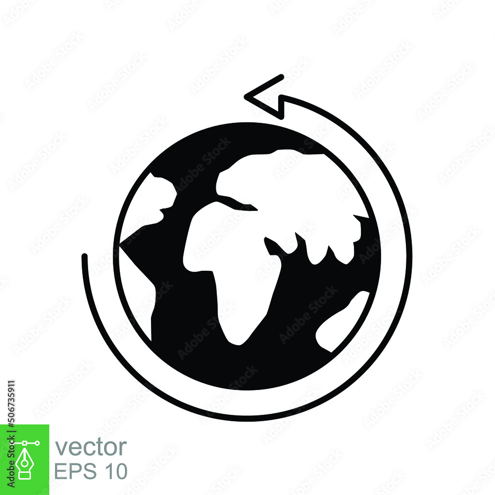 Earth globe icon. Simple solid style. Around planet with arrow. Glyph symbol. Vector illustration isolated on white background. EPS 10.