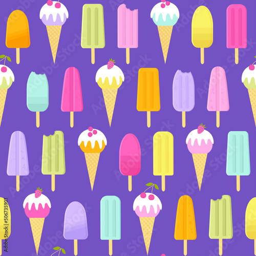 Seamless vector pattern with ice cream cones and popsicles. Summer background in bright color palette.