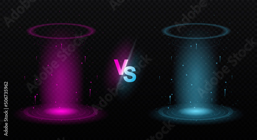Portals pink vs blue. Graphic elements for games, two rivals having duel. Play area or arena, pre fight performance, competition and battle, entertainment. Cartoon isometric vector illustration
