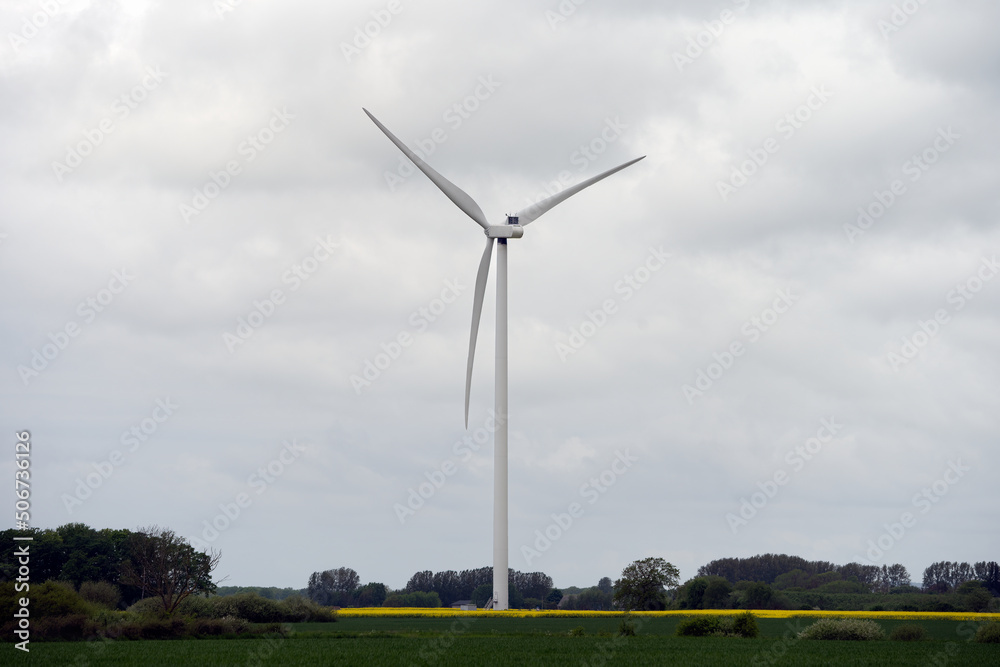 Wind turbine with cloudy sky in a canola field on the Swedish countryside in Sweden. Selective focus.