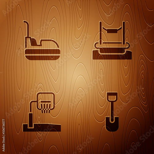 Set Shovel toy, Bumper car, Basketball backboard and Bungee on wooden background. Vector
