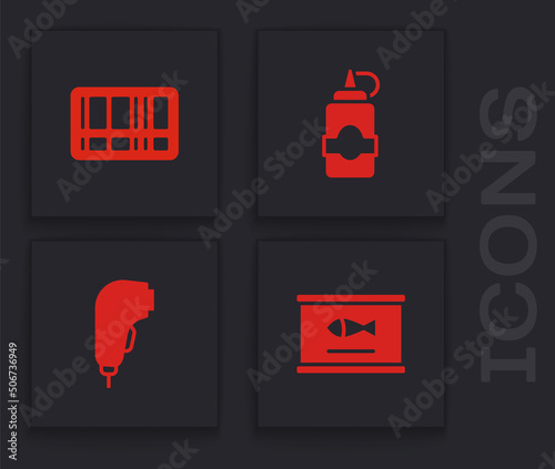 Set Canned fish, Barcode, Sauce bottle and Scanner scanning bar icon. Vector