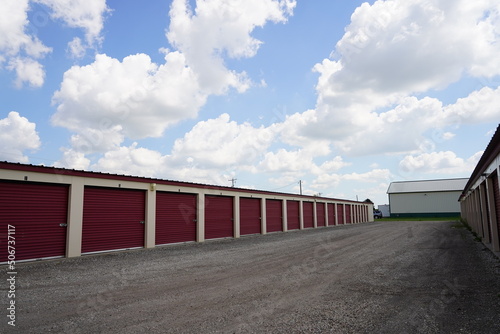  Red storage units are used for the community to store items.