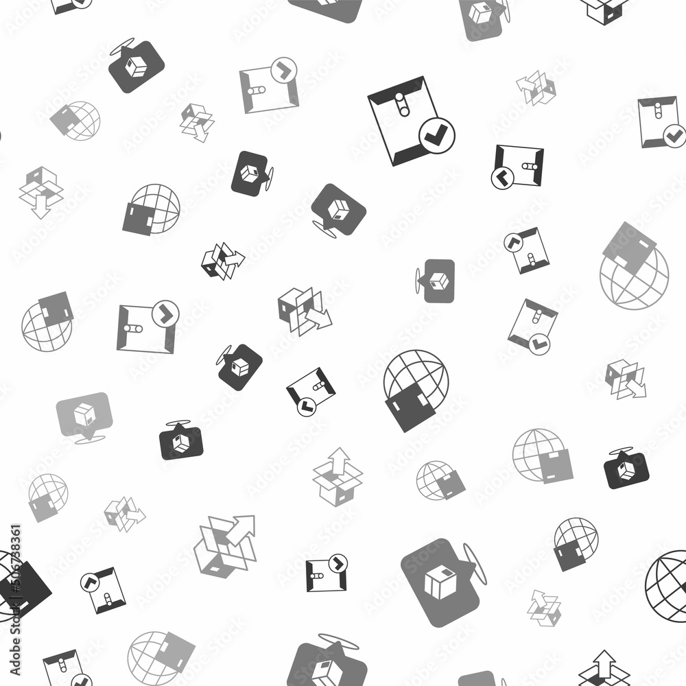 Set Envelope and check mark, Location with cardboard box, Worldwide shipping and Unboxing on seamless pattern. Vector Set Envelope and check mark, Location with cardboard box, Worldwide shipping and Unboxing on seamless pattern. Vector