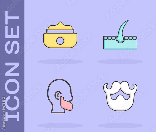 Set Mustache and beard, Gel or wax for hair styling, and Human follicle icon. Vector