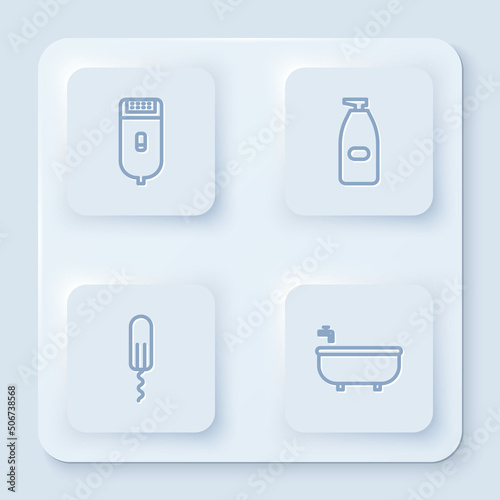 Set line Electrical hair clipper or shaver, Bottle of liquid antibacterial soap, Sanitary tampon and Bathtub. White square button. Vector