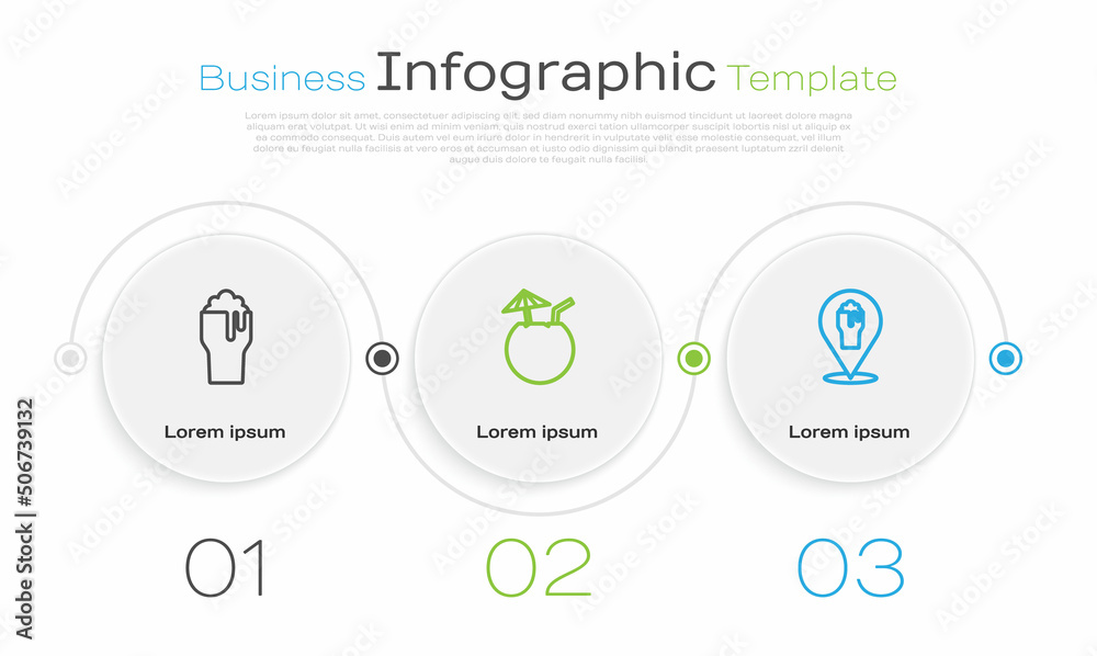 Set line Glass of beer, Coconut cocktail and Alcohol or bar location. Business infographic template. Vector Set line Glass of beer, Coconut cocktail and Alcohol or bar location. Business infographic template. Vector