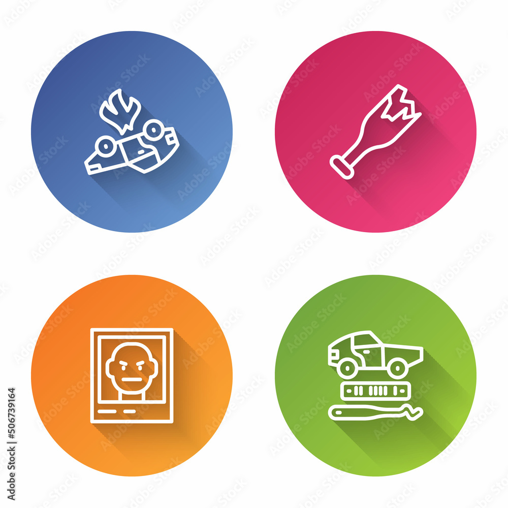 Set line Burning car, Broken bottle as weapon, Wanted poster and Car theft. Color circle button. Vector Set line Burning car, Broken bottle as weapon, Wanted poster and Car theft. Color circle button. Vector