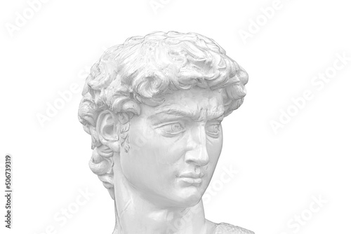 Head of Michelangelo's David Sculpture isolated on white background. 3D illustration.