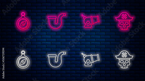 Set line Smoking pipe, Cannon, Compass and Pirate captain. Glowing neon icon on brick wall. Vector photo