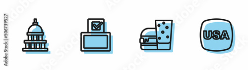 Set line Burger, White House, Vote box and USA Independence day icon. Vector