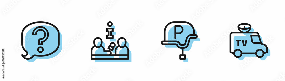 Set line War journalist, Speech bubble chat, Interview and TV News car icon. Vector Set line War journalist, Speech bubble chat, Interview and TV News car icon. Vector