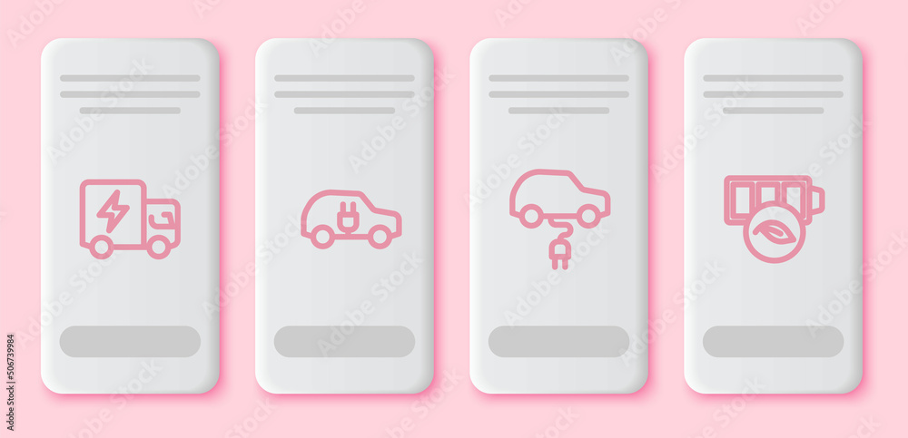 Set line Electric truck, car, and Eco nature leaf battery. White rectangle button. Vector Set line Electric truck, car, and Eco nature leaf battery. White rectangle button. Vector