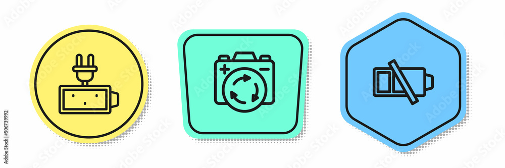 Set line Battery charge, with recycle symbol and Low battery. Colored shapes. Vector Set line Battery charge, with recycle symbol and Low battery. Colored shapes. Vector
