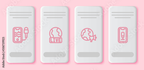 Set line Mobile recording, Live report, World news and . White rectangle button. Vector