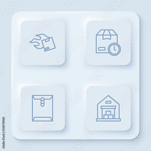 Set line Carton cardboard box, Cardboard with clock, Envelope and Warehouse. White square button. Vector