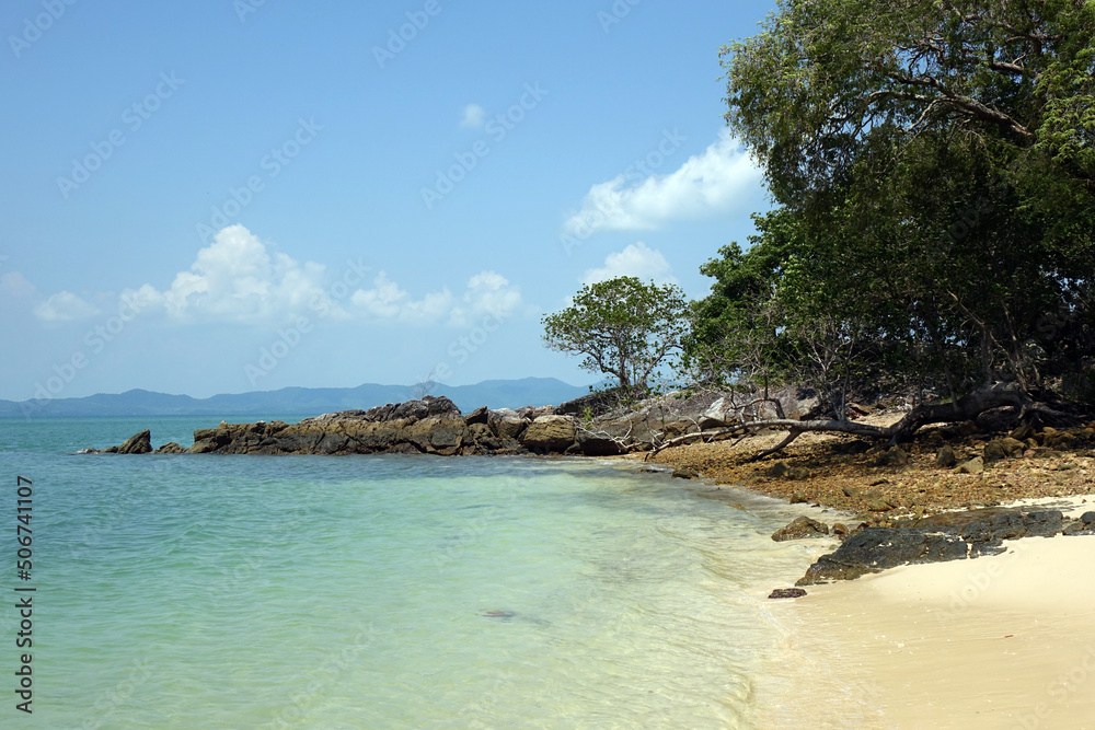 Beautiful seascape of Naka Noi island, Phuket Thailand. Background for summer vacation, selective focus with copy space
