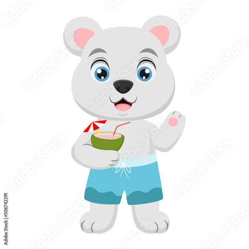 Cute bear cartoon with drinking coconut water