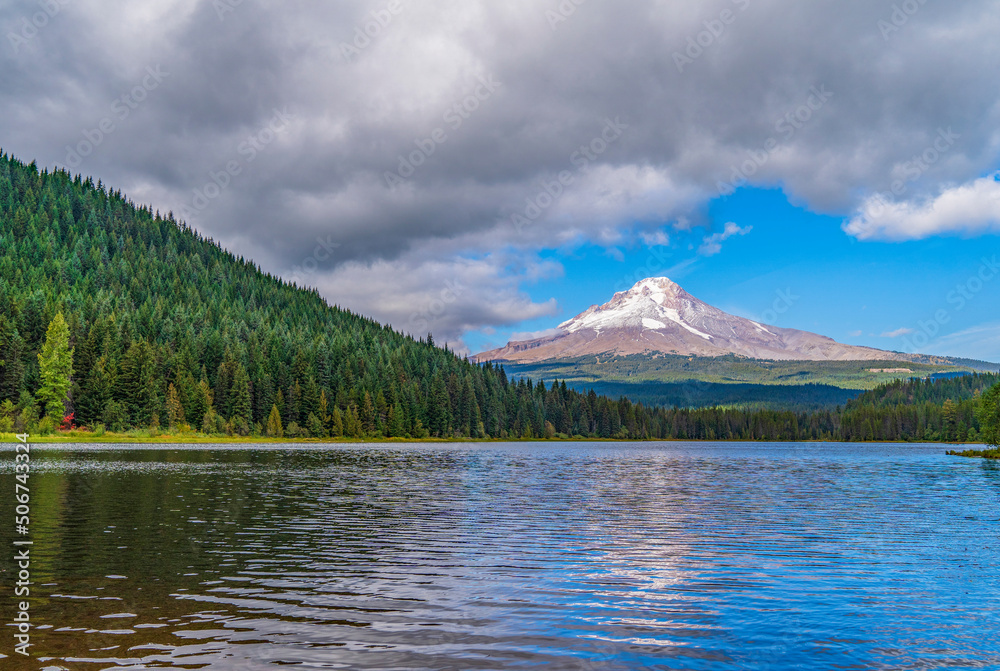 Mount Hood as seen from a lake in Oregon