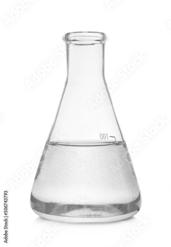 Flask with transparent liquid isolated on white
