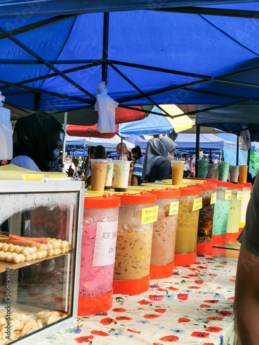 Various flavour of drinks sell at local market. Selective focus.