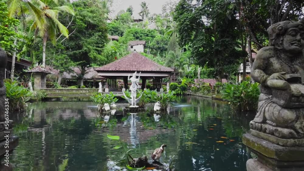 The quadcopter flies in a park with ponds and pools. A beautiful park with sculptures, ponds with birds and fish among greenery and jungle The quadcopter flies in a park with ponds and pools. A beautiful park with sculptures, ponds with birds and fish among greenery and jungle