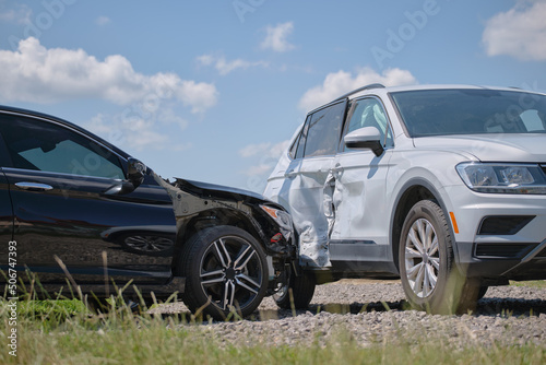 Obraz na plátně Cars crashed heavily in road accident after collision on city street