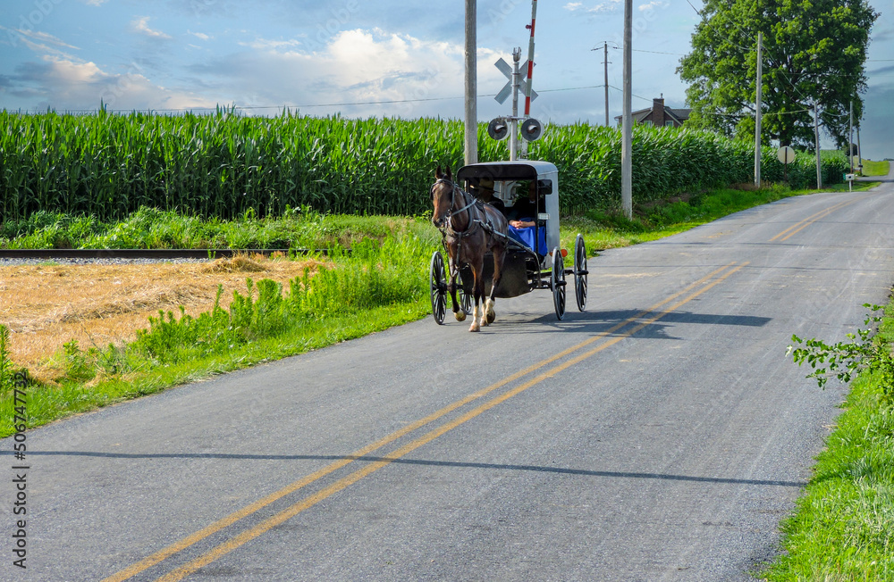 An Amish Horse and Buggy Traveling on a Country Road after Crossing a Railroad Crossing on a Sunny Day