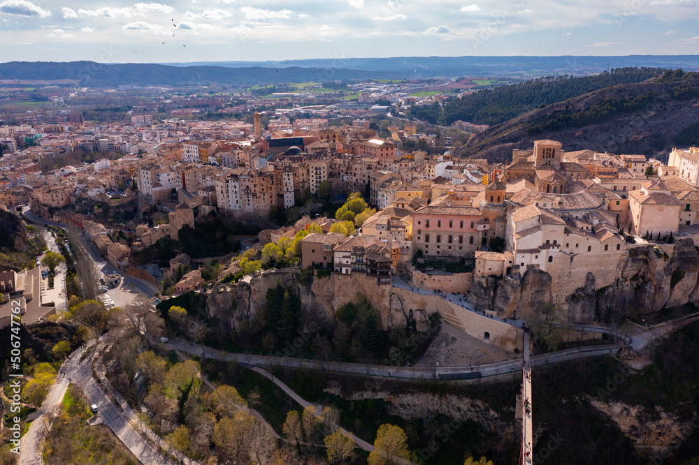 Drone view of the picturesque quarters of the city Cuenca. Castilla-La Mancha, Spain