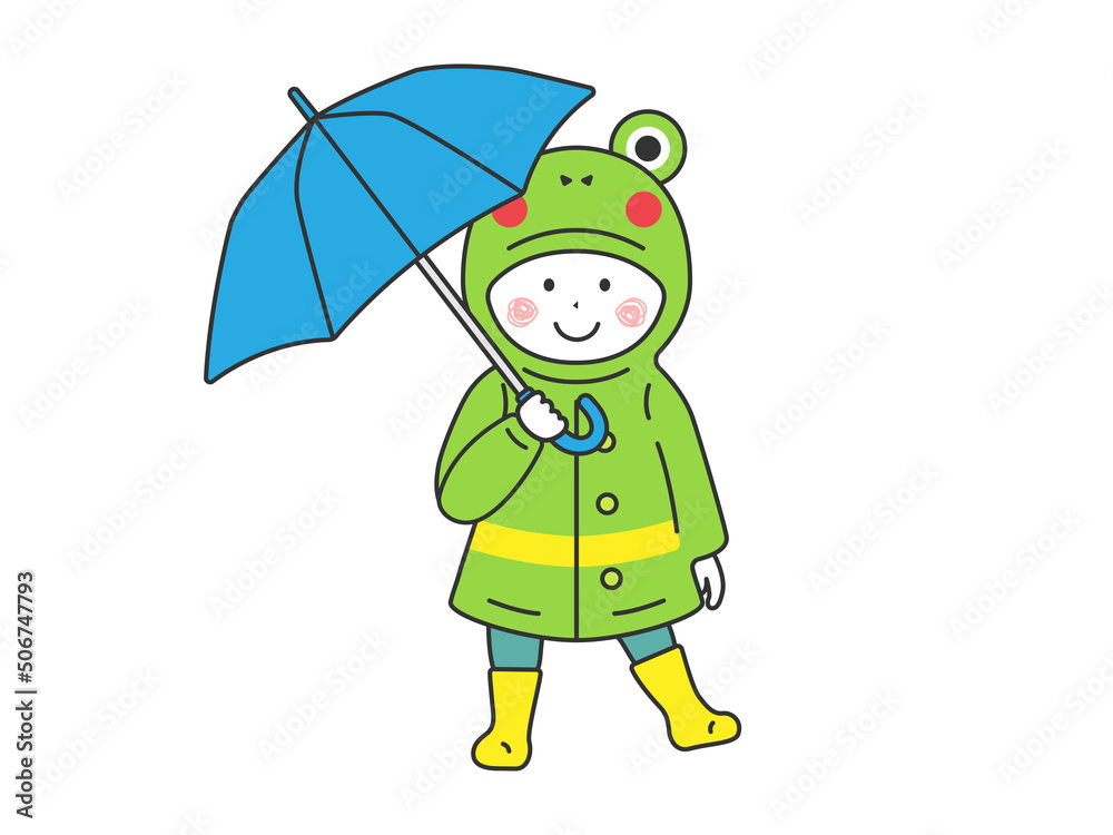 傘をさして カエルのレインコートを着ている 男の子のイラスト Stock Vector Adobe Stock