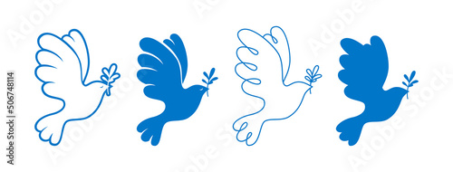 Peace symbol dove silhouette stamp, doodle outline set, no war concept. Bird flying dove with olive branch sign, pigeon icon. Freedom, Christian, humanity emblem peaceful. Simple logo design elements