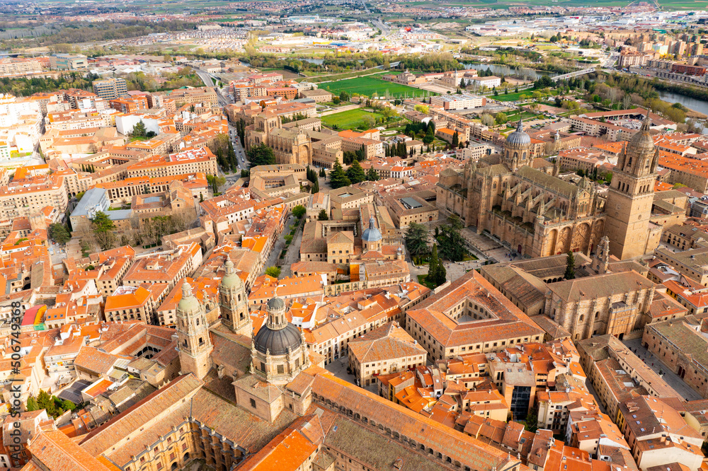 Obraz premium Aerial view of beautiful architecture of Salamanca with Main Square and Holy Spirit Church, Leon, Spain