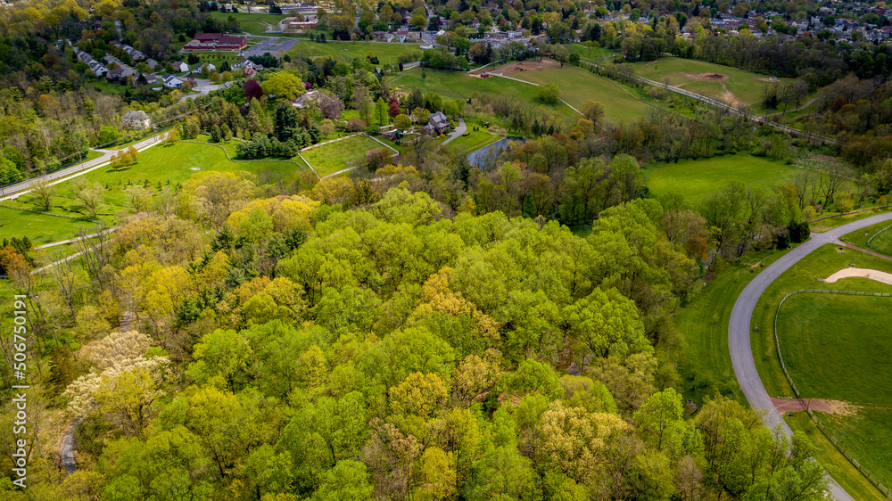 Aerial View of Springtime Trees With a Single Old Railroad Track Going Thru It on a Spring Day