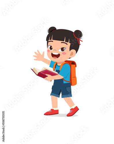 little kid walk wearing backpack and read book